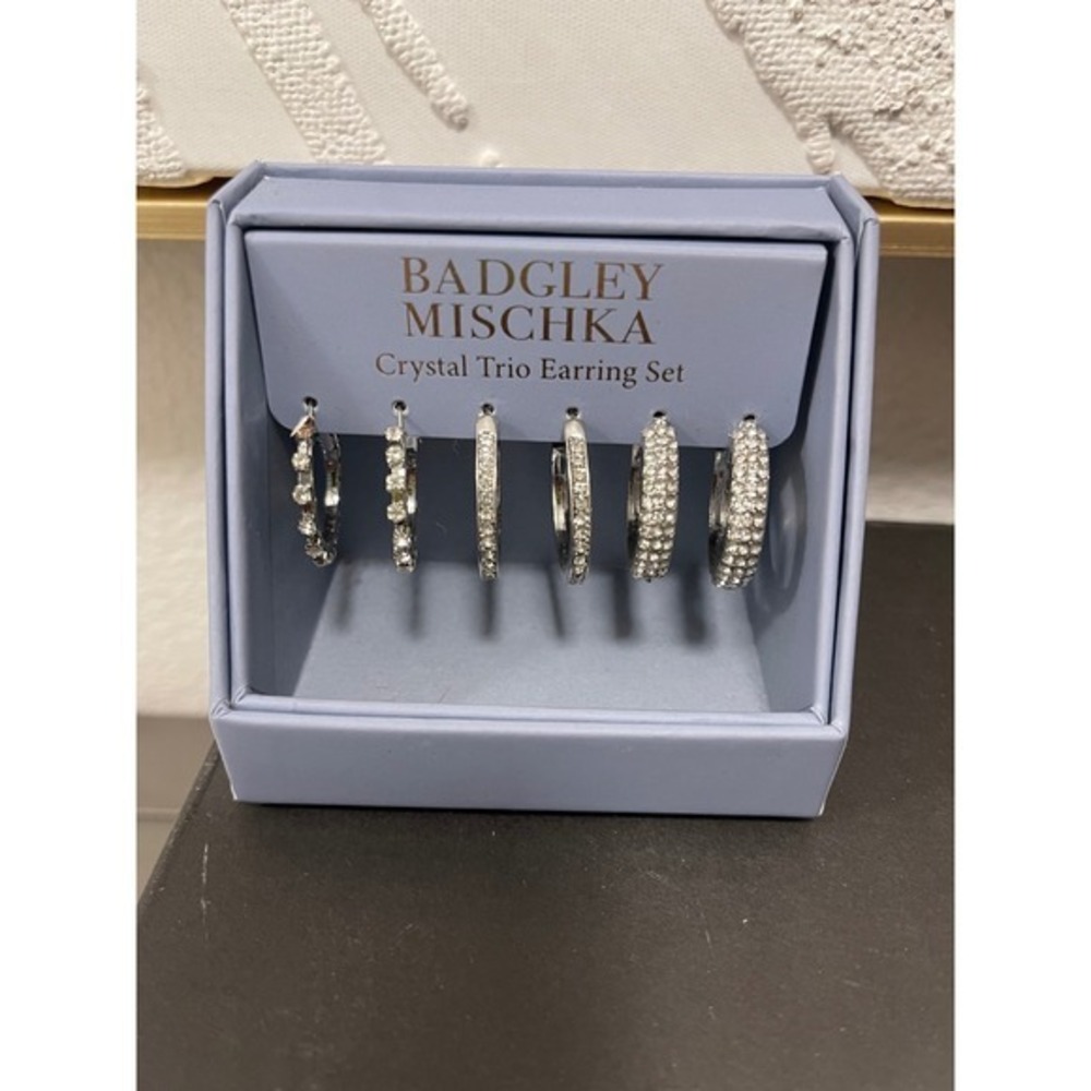 Badgley Mischka Silver Tone Crystal Trio Hoop Earring Set 3 Pairs Boxed